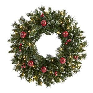 Nearly Natural Pre-Lit Frosted Artificial Christmas Wreath, 24-Inch, Clear